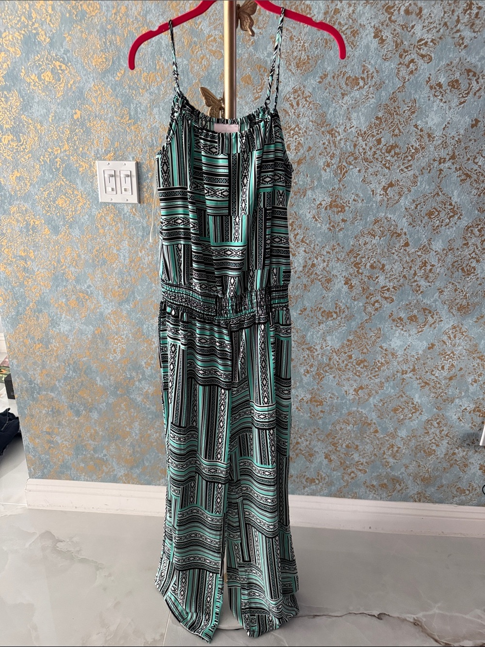 Romeo & Juliet Couture Mint and Black Printed Spaghetti-Strap Jumpsuit